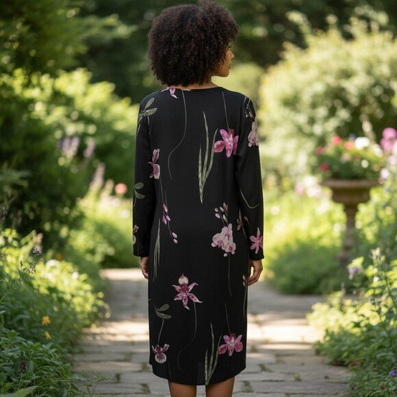 LORI M Black Floral Faux Wrap Midi Dress Long Sleeve V-Neck Orchid Print XL - Picture 3 of 6